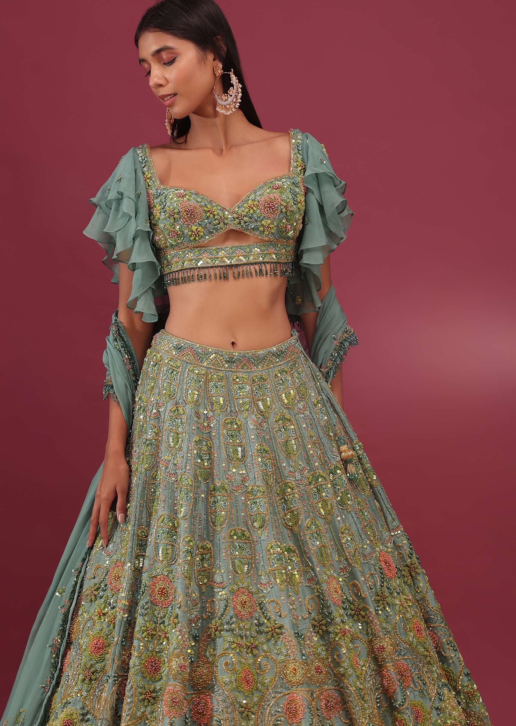 Pista Green Lehenga Set With Net Ruffle Shrug - NOOR 2022