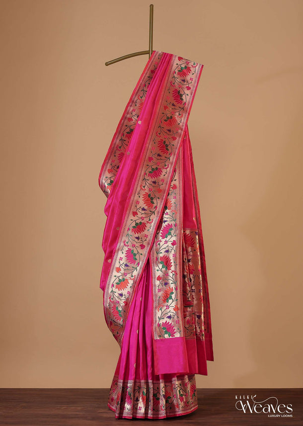 Fluorescent Pink Banarasi Saree In Katan Silk With Paithani Pallu And Unstitched Blouse