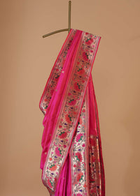 Fluorescent Pink Banarasi Saree In Katan Silk With Paithani Pallu And Unstitched Blouse