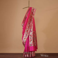Fluorescent Pink Banarasi Saree In Katan Silk With Paithani Pallu And Unstitched Blouse