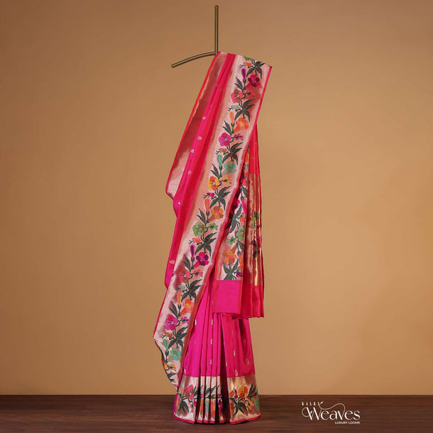 Fluorescent Pink Handloom Banarasi Saree In Luminous Orange Shade With An Unstitched Blouse