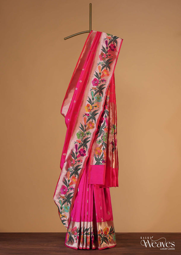 Fluorescent Pink Handloom Banarasi Saree In Luminous Orange Shade With An Unstitched Blouse