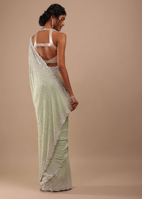 Foam Green Chiffon Saree In 3D Silver Petal And Floral Motifs Embroidery With Sequins Cascading Down
