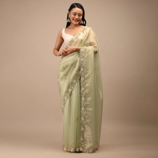 Foam Green Tissue Saree In White Moti And Cut Dana Embroidery Buttis, Border Has Cutwork Embroidery Detailing