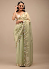 Foam Green Tissue Saree In White Moti And Cut Dana Embroidery Buttis, Border Has Cutwork Embroidery Detailing