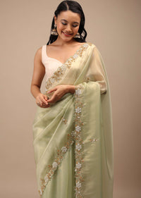 Foam Green Tissue Saree In White Moti And Cut Dana Embroidery Buttis, Border Has Cutwork Embroidery Detailing