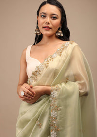 Foam Green Tissue Saree In White Moti And Cut Dana Embroidery Buttis, Border Has Cutwork Embroidery Detailing