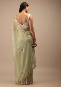 Foam Green Tissue Saree In White Moti And Cut Dana Embroidery Buttis, Border Has Cutwork Embroidery Detailing