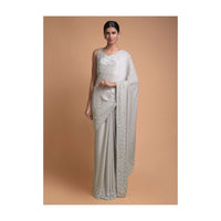 Fog Grey Saree In Chiffon Blend With Beads Embellished Buttis And Kundan Work Online - Kalki Fashion