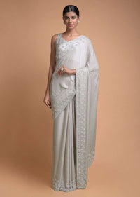 Fog Grey Saree In Chiffon Blend With Beads Embellished Buttis And Kundan Work Online - Kalki Fashion