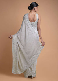 Fog Grey Saree In Chiffon Blend With Beads Embellished Buttis And Kundan Work Online - Kalki Fashion