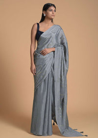 Fog Grey Saree In Chiffon With Badla Embellished Stripes And Circles Online - Kalki Fashion