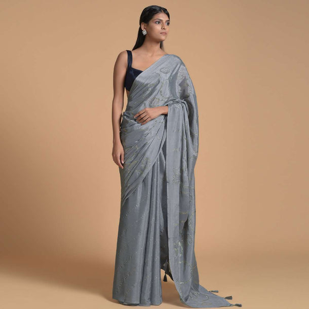 Fog Grey Saree In Chiffon With Badla Embellished Stripes And Circles Online - Kalki Fashion