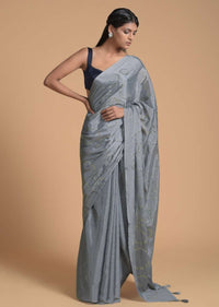 Fog Grey Saree In Chiffon With Badla Embellished Stripes And Circles Online - Kalki Fashion