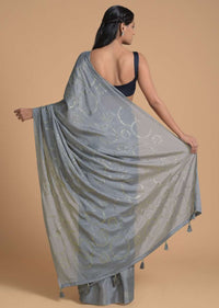 Fog Grey Saree In Chiffon With Badla Embellished Stripes And Circles Online - Kalki Fashion