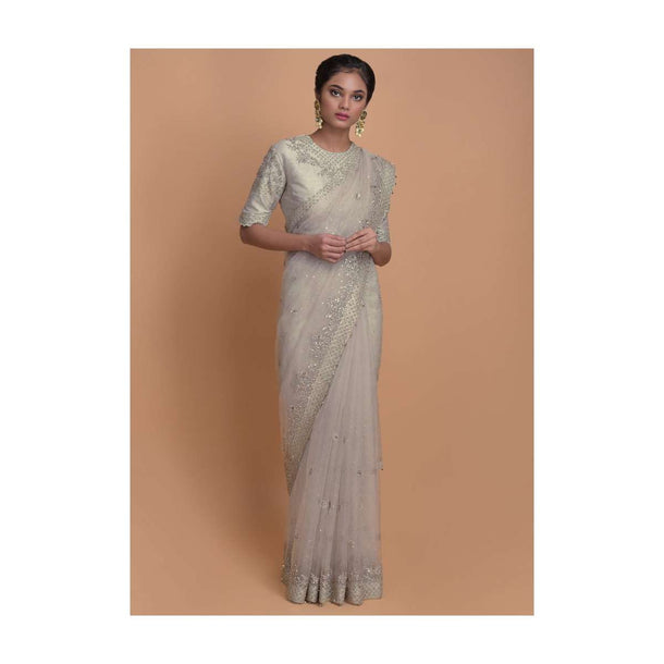 Fog Grey Saree In Organza With Scattered Sequins All Over And Embroidered Buttis Online - Kalki Fashion