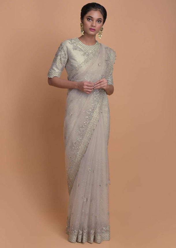 Fog Grey Saree In Organza With Scattered Sequins All Over And Embroidered Buttis Online - Kalki Fashion