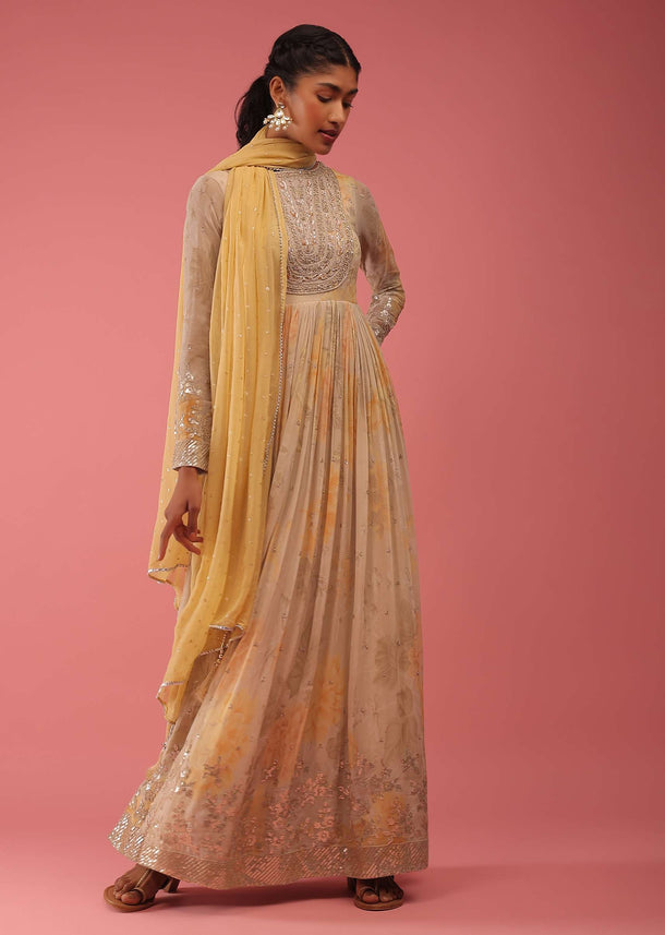 Daffodils Yellow Anarkali Suit In Multi-Color Floral Print With Sequins Embroidery