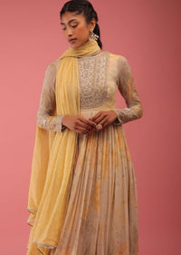 Daffodil Yellow Anarkali Suit With Sequin Embroidery And A Multicolor Floral Print