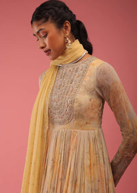 Daffodil Yellow Anarkali Suit With Sequin Embroidery And A Multicolor Floral Print