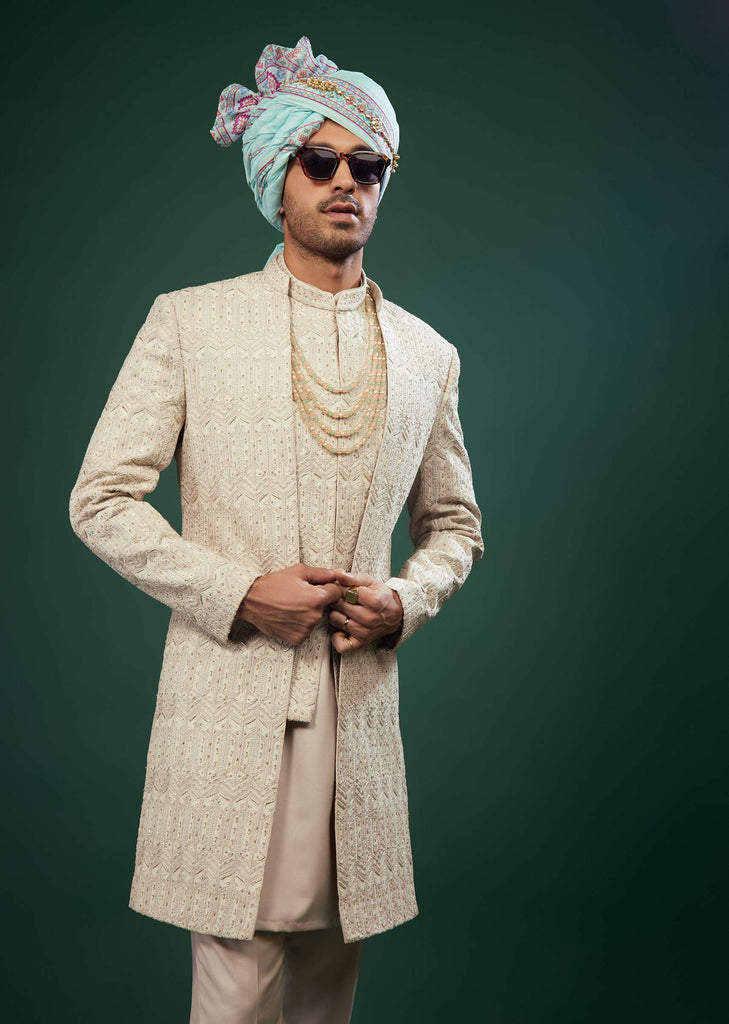 Beige White Embroidered Sherwani Set In Raw Silk