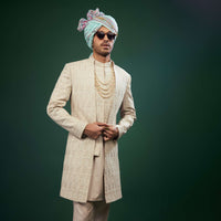 Beige White Embroidered Sherwani Set In Raw Silk