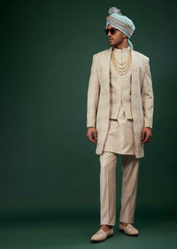 Beige White Embroidered Sherwani Set In Raw Silk