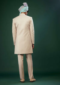 Beige White Embroidered Sherwani Set In Raw Silk