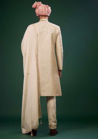 Tan Brown Silk Sherwani Set With Embroidery