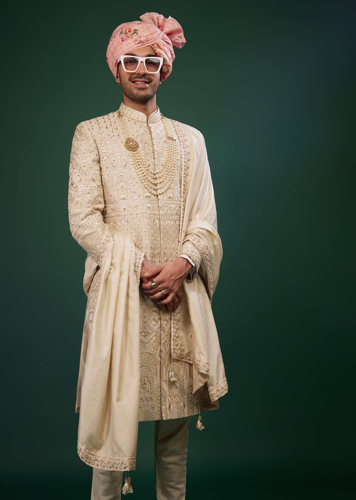 Tan Brown Silk Sherwani Set With Embroidery