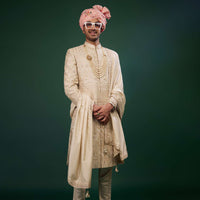 Tan Brown Silk Sherwani Set With Embroidery