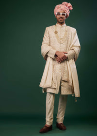 Tan Brown Silk Sherwani Set With Embroidery