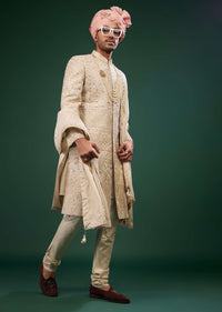 Tan Brown Silk Sherwani Set With Embroidery