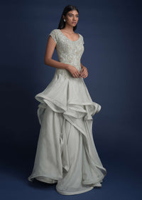 Fog Grey Indowestern Gown In Organza With Asymmetric Cut Layers Online - Kalki Fashion