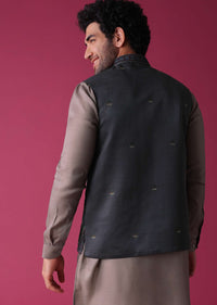 Fog Grey Jacket Kurta Set In Art Silk With Embroidery