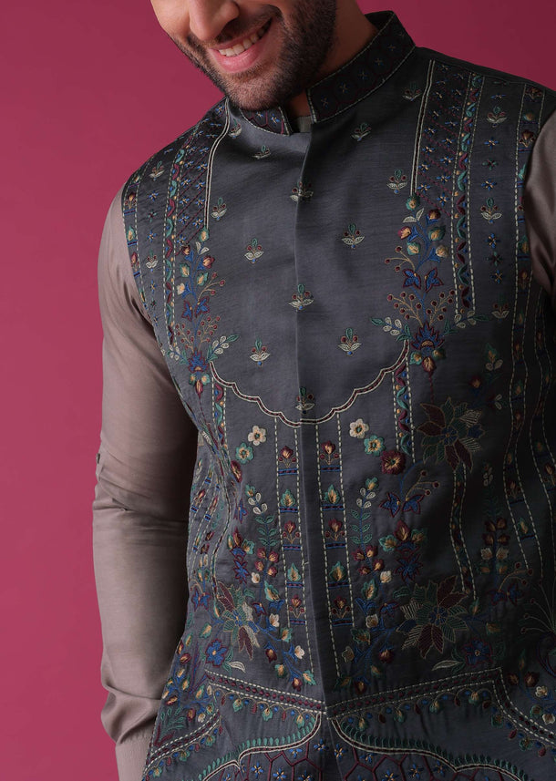 Fog Grey Jacket Kurta Set In Art Silk With Embroidery