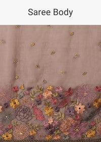 Fog Grey Saree In Organza With A Wide Floral Embroidered Pallu With Tassels
