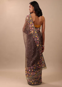 Fog Grey Saree In Organza With A Wide Floral Embroidered Pallu With Tassels