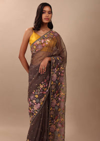 Fog Grey Saree In Organza With A Wide Floral Embroidered Pallu With Tassels