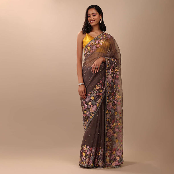 Fog Grey Saree In Organza With A Wide Floral Embroidered Pallu With Tassels