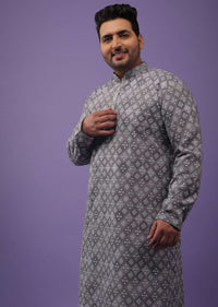 Fog Grey Thread Embroidered Kurta Set In Silk