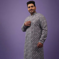 Fog Grey Thread Embroidered Kurta Set In Silk