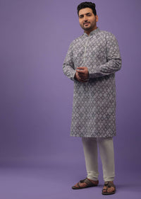 Fog Grey Thread Embroidered Kurta Set In Silk