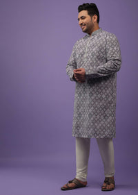 Fog Grey Thread Embroidered Kurta Set In Silk