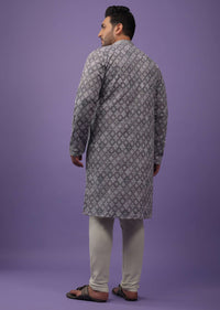 Fog Grey Thread Embroidered Kurta Set In Silk