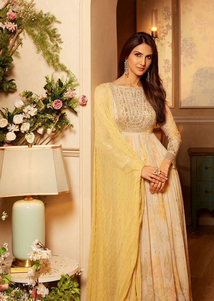 Daffodil Yellow Anarkali Suit With Sequin Embroidery And A Multicolor Floral Print