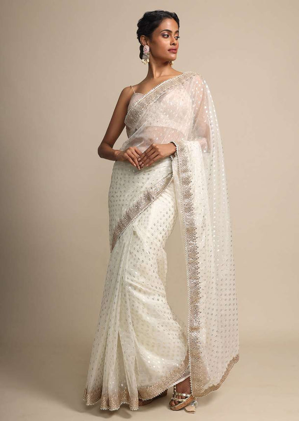 Foil Printed Ivory Organza Saree With Gotta Embroidered Border Online - Kalki Fashion