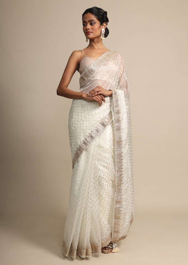 Foil Printed Ivory Organza Saree With Gotta Embroidered Border Online - Kalki Fashion