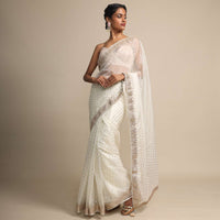 Foil Printed Ivory Organza Saree With Gotta Embroidered Border Online - Kalki Fashion
