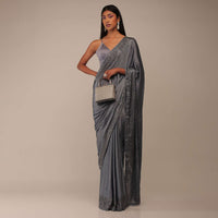 Folkstone Grey Saree With Stones Embellishment, Crafted In Chiffon With Scattered Stones